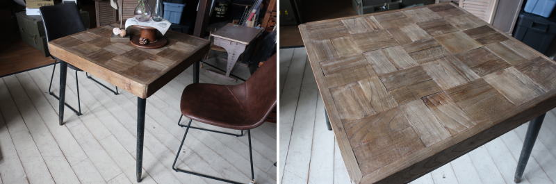 天板の 古材の風合いと MIXに貼り合わせたデザインがおしゃれなテーブル